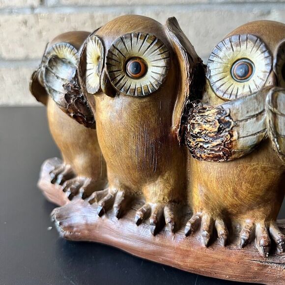 Vintage 3 Wise Owls See No Evil Hear No Evil Speak No Evil Branch Resin 1970s - Picture 12 of 16